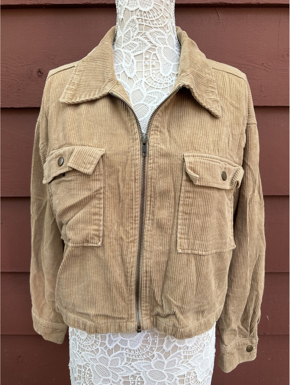 Celebrity Pink Cropped Corduroy Shacket Jacket Tan Boho Casual Preppy